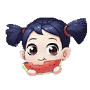 a cartoon girl with pigtails is eating a slice of watermelon .