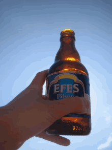 a hand holding a bottle of efes pilsen