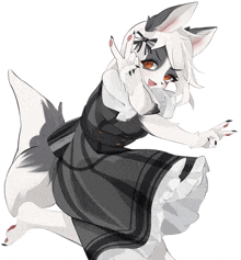 a furry girl in a black and white dress is giving a peace sign