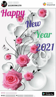 a happy new year 2021 greeting card with pink roses