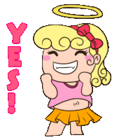 a cartoon of a girl with a halo on her head and the word yes above her