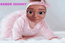 a baby with a cartoon face is crawling on a bed with the words bebek mommy above her