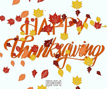 a greeting card that says happy thanksgiving with leaves around it