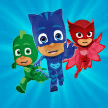 a group of cartoon characters in pj masks costumes are standing next to each other .