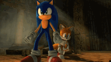 sonic the hedgehog and tails the fox are standing next to each other in a dark room