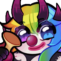 a cartoon drawing of a clown with horns and rainbow hair