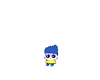 a pixel art drawing of a cartoon character with blue hair and a yellow shirt .