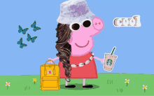 peppa pig is wearing a bucket hat and sunglasses while holding a starbucks drink