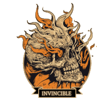 a drawing of a skull with flames and the word invincible