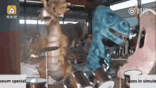 two dinosaurs playing drums in a room .