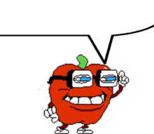 a cartoon apple with glasses and a speech bubble behind it .