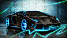 a black and blue sports car with the word tron on it