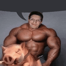 a very muscular man is riding on the back of a pig with a speech bubble above him .