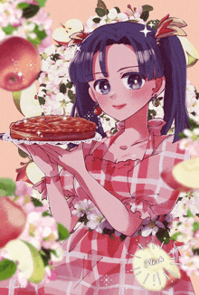 a girl in a plaid dress holds an apple pie