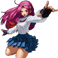 a girl with pink hair and a blue skirt is holding a bubble in her hand