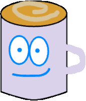 a cartoon drawing of a cup of coffee with a blue face