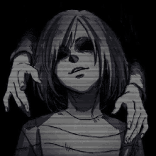 a black and white drawing of a girl with a scary face and hands .