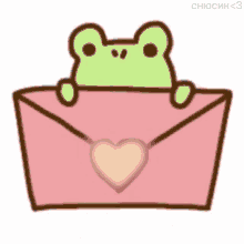 a frog is peeking out of an envelope with a heart on it