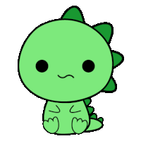 a cartoon drawing of a green dinosaur with a sad face