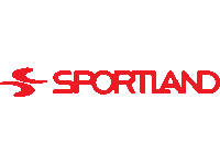 a red and white logo for sportland with a white background