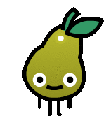 a cartoon drawing of a pear with white eyes and a green leaf