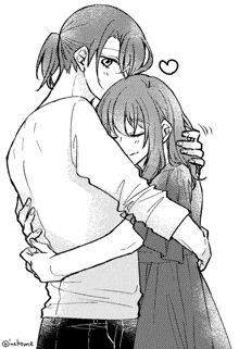 a black and white drawing of a man hugging a woman .