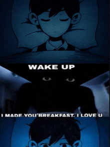 a cartoon of a boy sleeping with the words wake up made you breakfast i love you