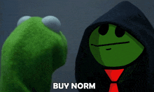 kermit the frog is standing next to a cartoon character with the words buy norm below it