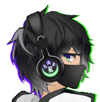 a drawing of a person wearing headphones and a mask with the letter r on it