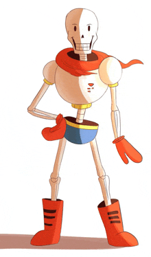 a cartoon drawing of a skeleton wearing red boots