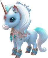 a blue and white unicorn with a horn and a tail