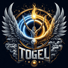 a logo for a company called ' togel ' with a statue of zeus holding a torch