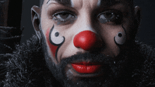 a man with a beard and a red clown nose