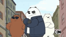 three bears from we bare bears are standing next to each other in a city street .