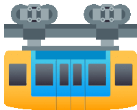 an illustration of a yellow and blue cable car with the doors open