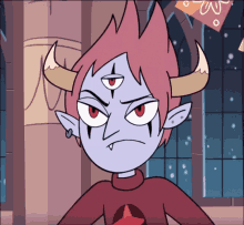 a cartoon character with horns and a red star on his sweater