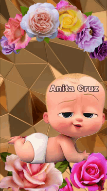 a baby in a diaper is surrounded by flowers and the name anita cruz