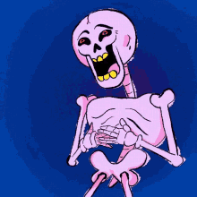 a cartoon drawing of a skeleton laughing with the word ha in yellow