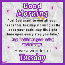 a purple and white poster that says " good morning my darling " and " may god bless you today and always "