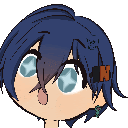 a pixel art drawing of a person 's head with blue hair and blue eyes