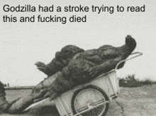 a black and white photo of a monster on a wheelbarrow that says godzilla had a stroke