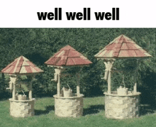 three water wells with red roofs are lined up in a row in a yard .