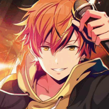 a close up of a anime boy holding a microphone .