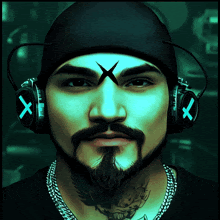 a man with a beard is wearing headphones with an x on his face