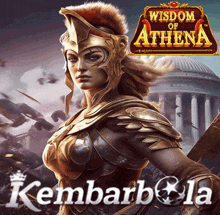 a poster for the game wisdom of athena with a woman in armor