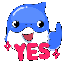 a cartoon dolphin giving a thumbs up with the word yes written in red