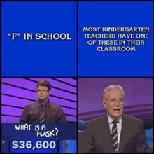 two men are playing a game show called jeopardy and one of the questions is " what is a flask "