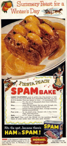 an advertisement for spam bake shows a fiesta peach ham