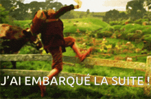 a painting of a man jumping over a fence with the words j ai embarque la suite below him