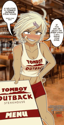 a cartoon of a girl in a tomboy outback steakhouse shirt